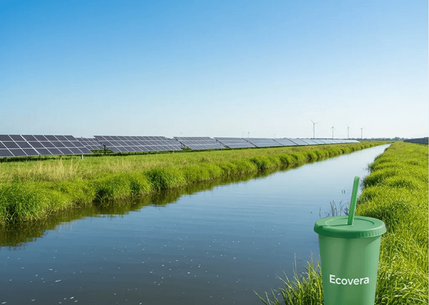 Ecovera reusable cup near solar farm and wind turbines.