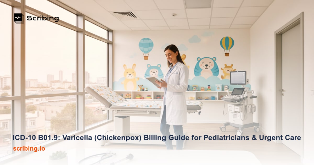 Pediatric exam room with clipboard and computer displaying a patient chart, representing ICD-10 B01.9 varicella chickenpox billing and documentation for pediatricians