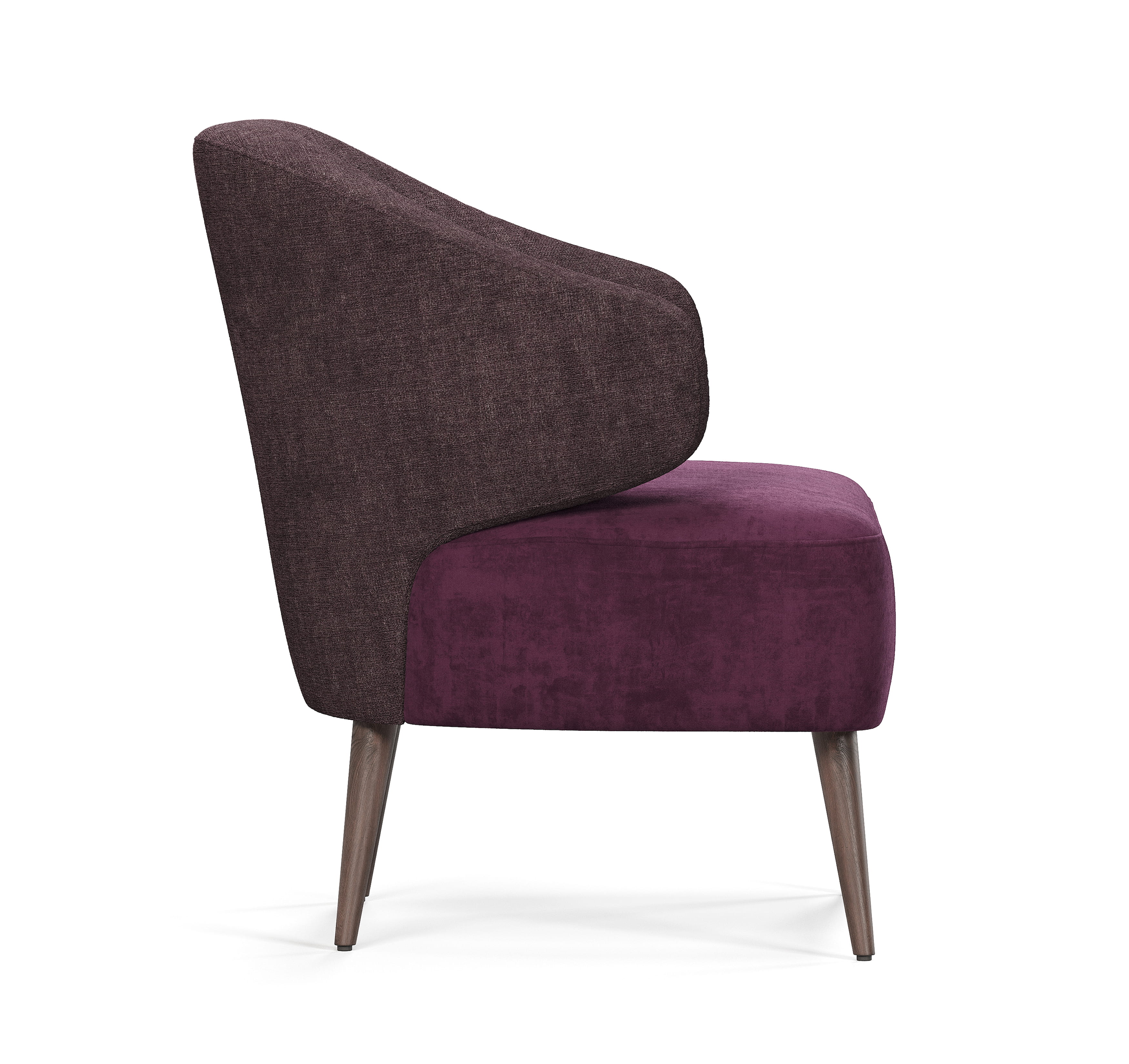 Side view of accent chair showing curved back and wooden legs
