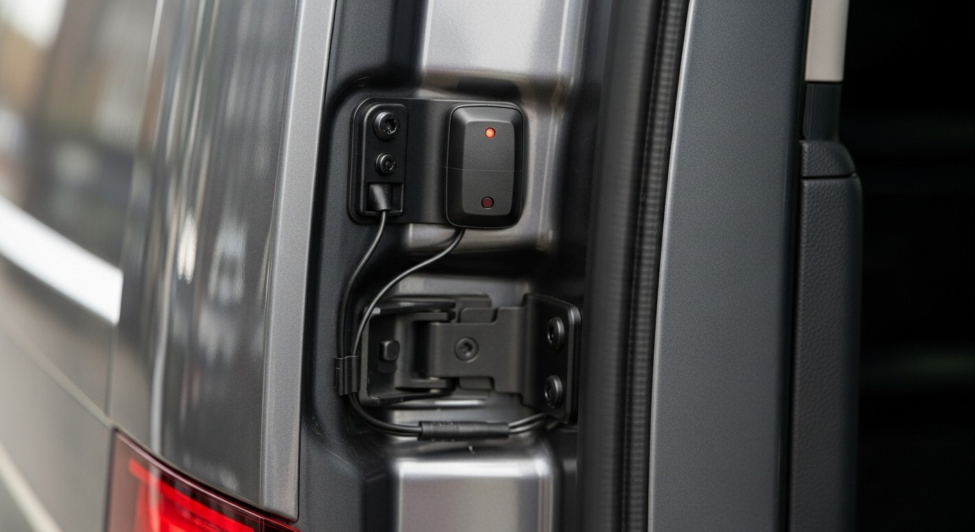 Camión de carga en carretera con un icono rojo flotante que indica alerta de interferencia GPS (Jammer), mostrando protección en tiempo real y señalización de seguridad tecnológica.