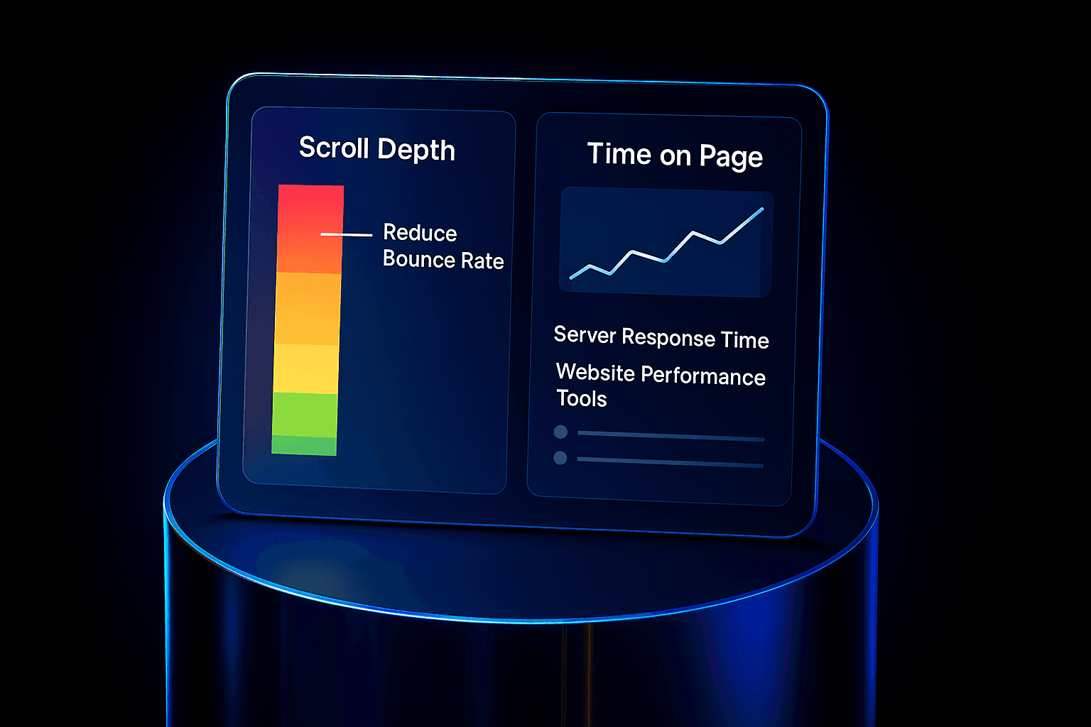 Analytics comparison of scroll-depth and time-on-page triggers with bounce rate and load time data.
