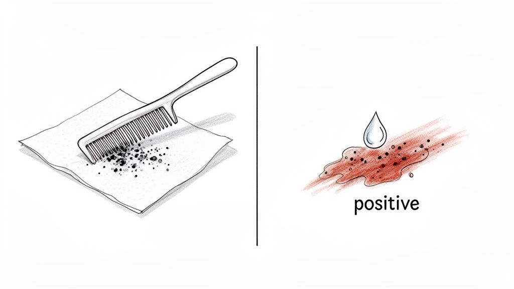 An illustration comparing flea dirt on paper with a comb to a positive test result for flea dirt.