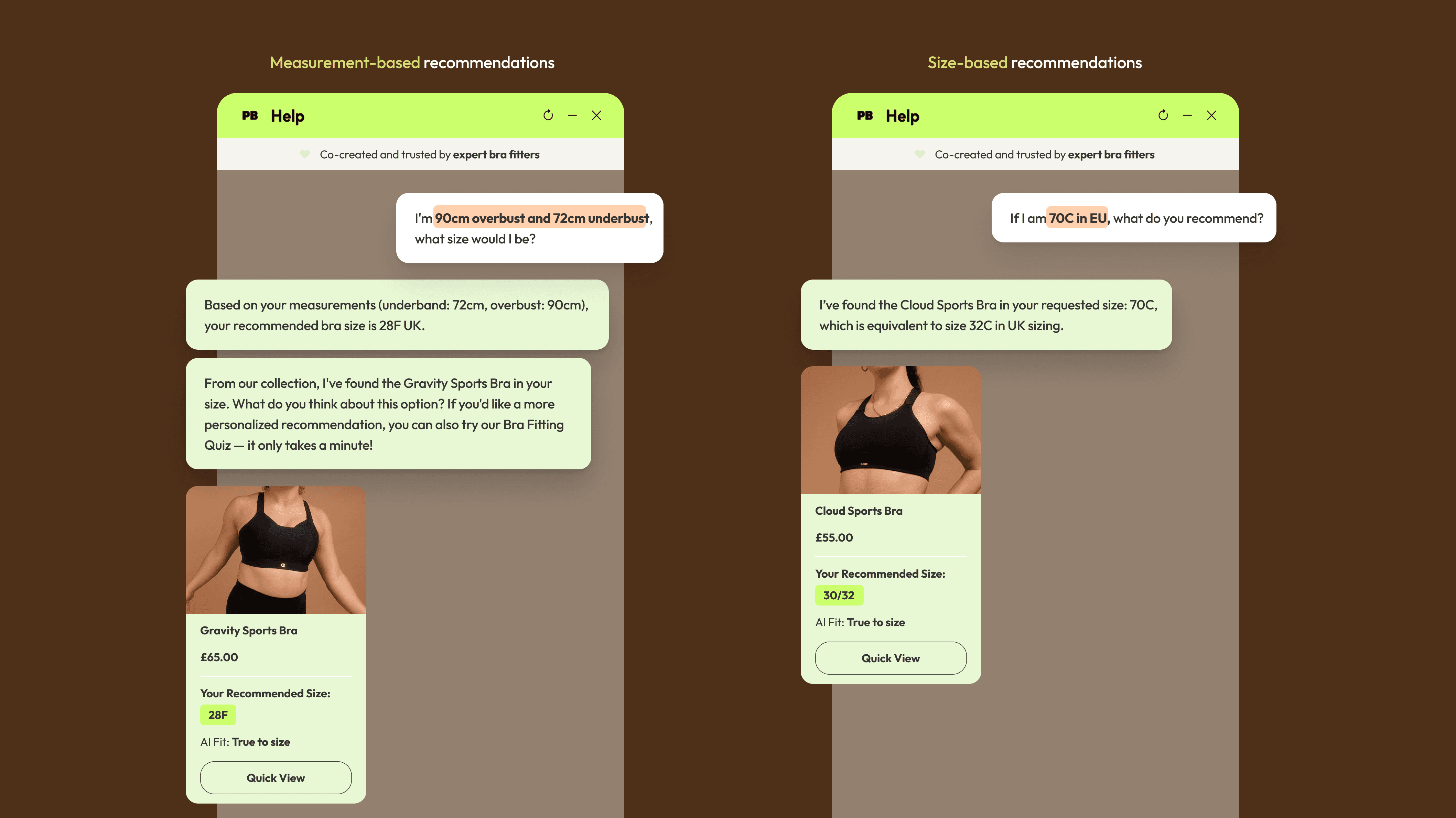 Two chat interface mockups displaying size recommendations. The first conversation shows the AI calculating a 28F UK size from exact measurements and suggesting the Gravity Sports Bra. The second shows the AI seamlessly converting an EU 70C size to a UK 32C for the Cloud Sports Bra.