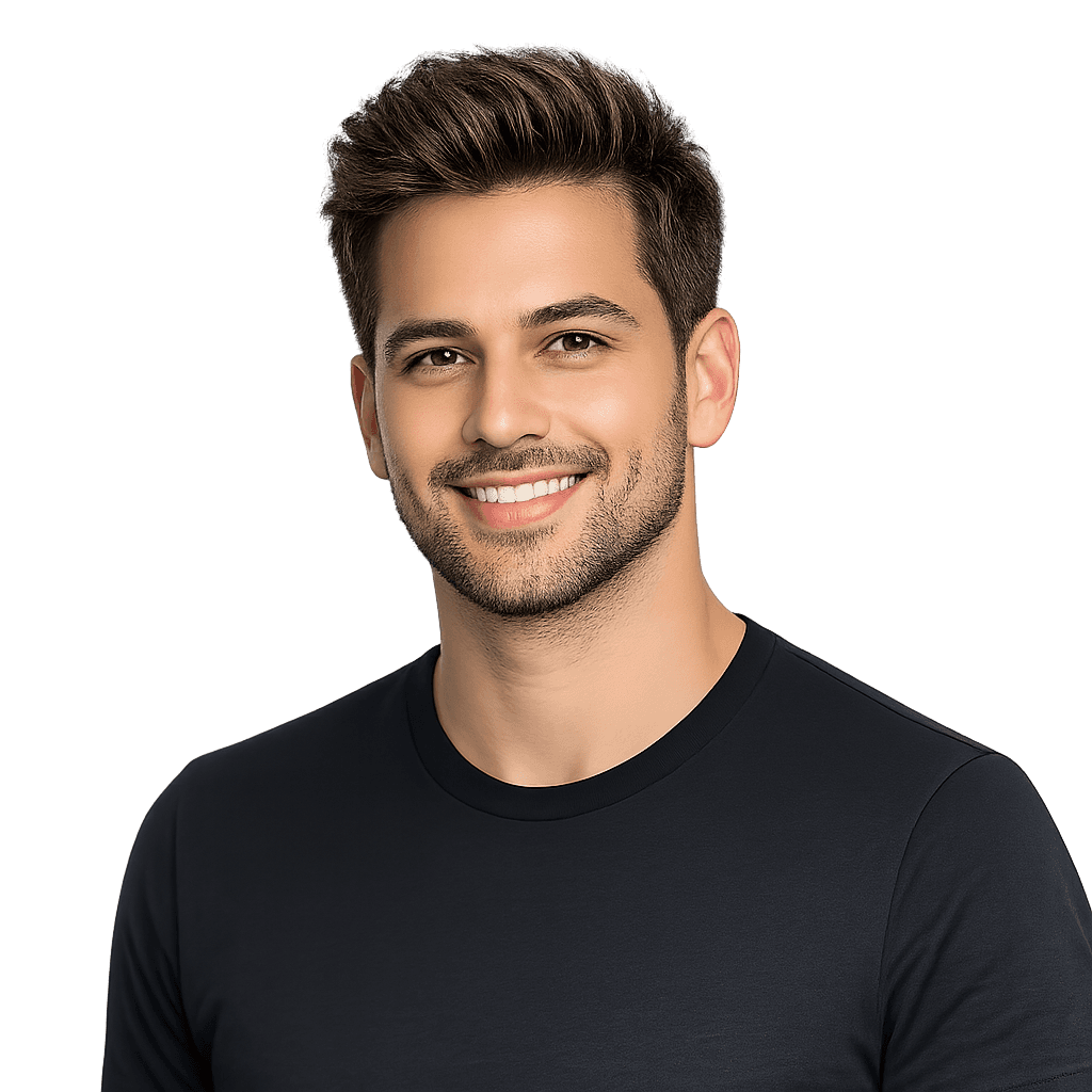 Smiling young man with short dark hair, wearing a dark shirt, against a light blue background.