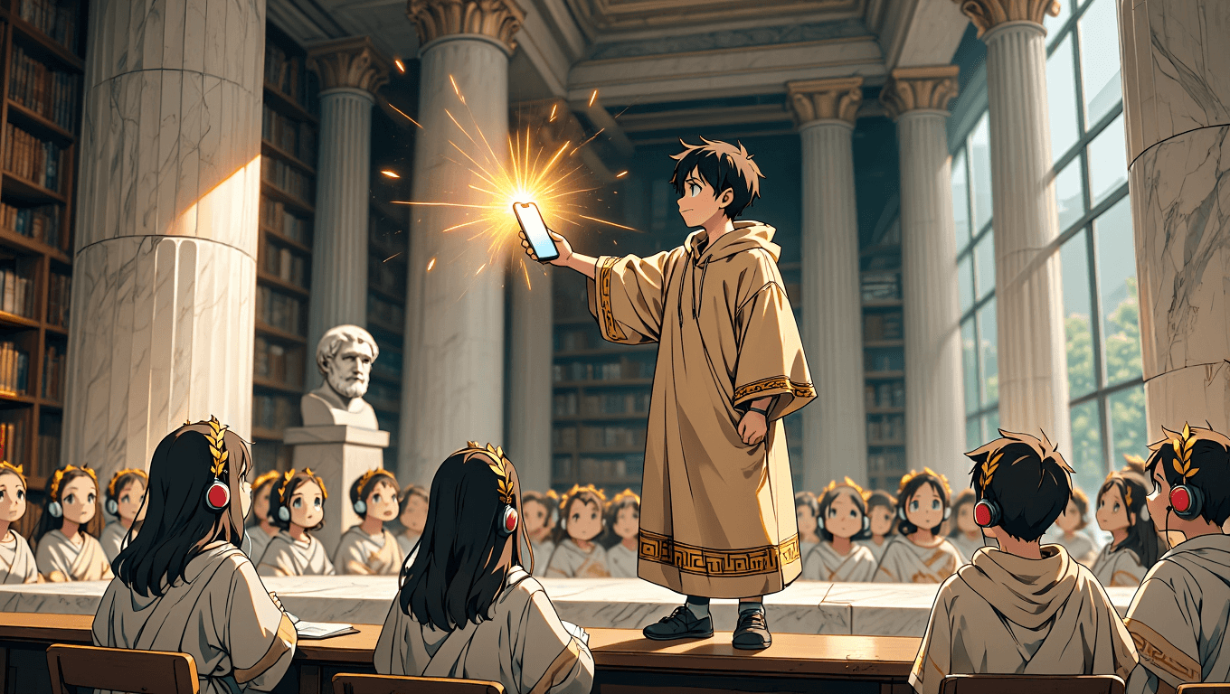 Heroic student studying Quizlet alternatives with Aistote in a neoclassical digital library