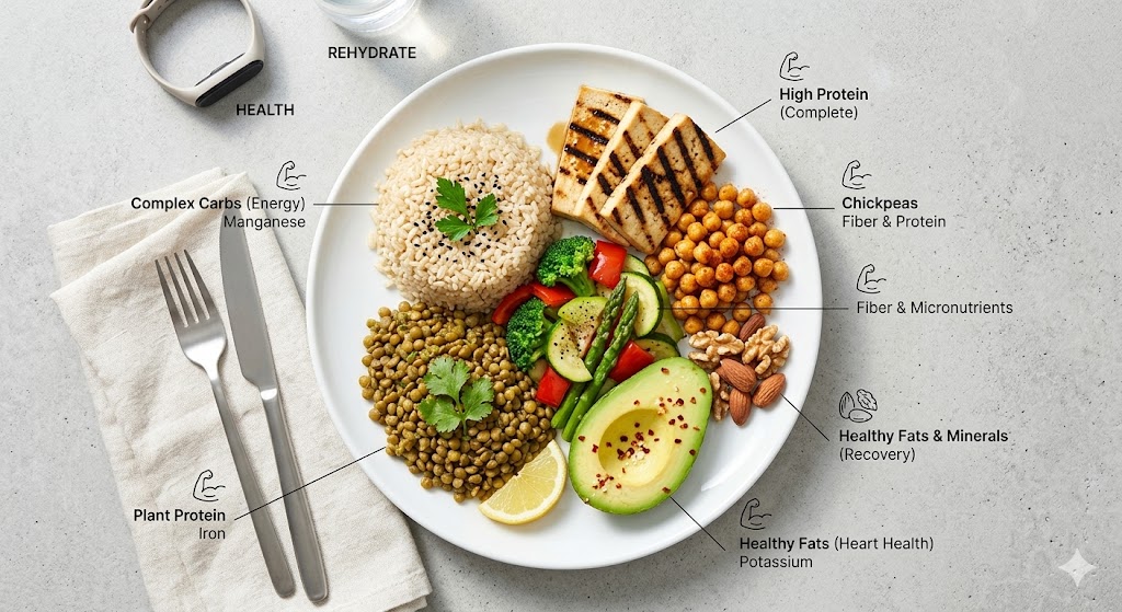 A top-down view of a round white plate with a healthy vegetarian muscle-building meal, including brown rice, green lentils, grilled tofu, chickpeas, fresh avocado, steamed vegetables, and mixed nuts, all labeled with their nutritional benefits like complex carbs, plant protein, high protein, and healthy fats. The setting includes cutlery, a napkin, a fitness tracker, and a glass of water on a light grey concrete surface.