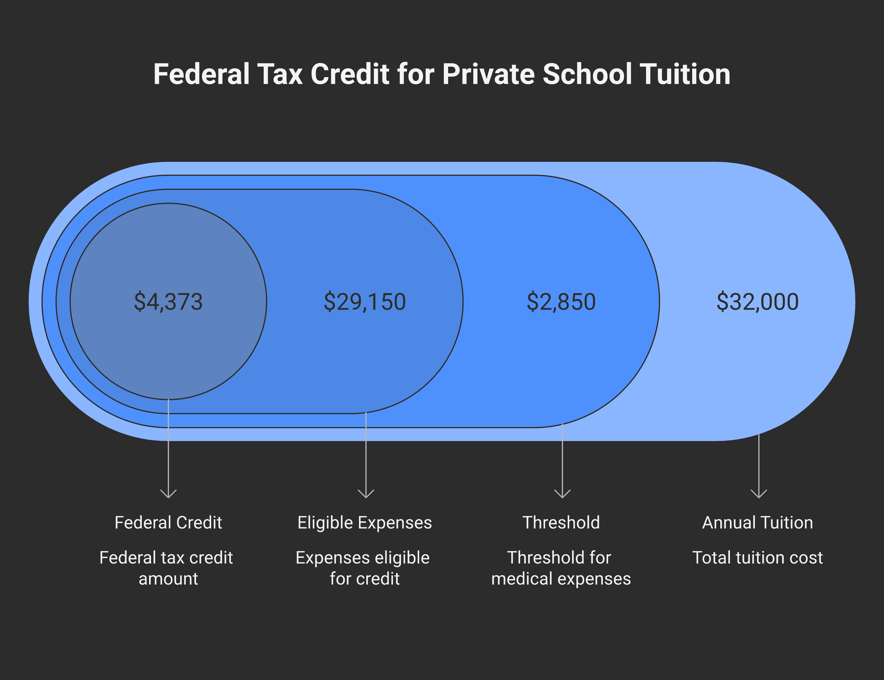How $32,000 of private school tuition flows through to a $4,373 federal medical expense tax credit at Priya's $95,000 net income.