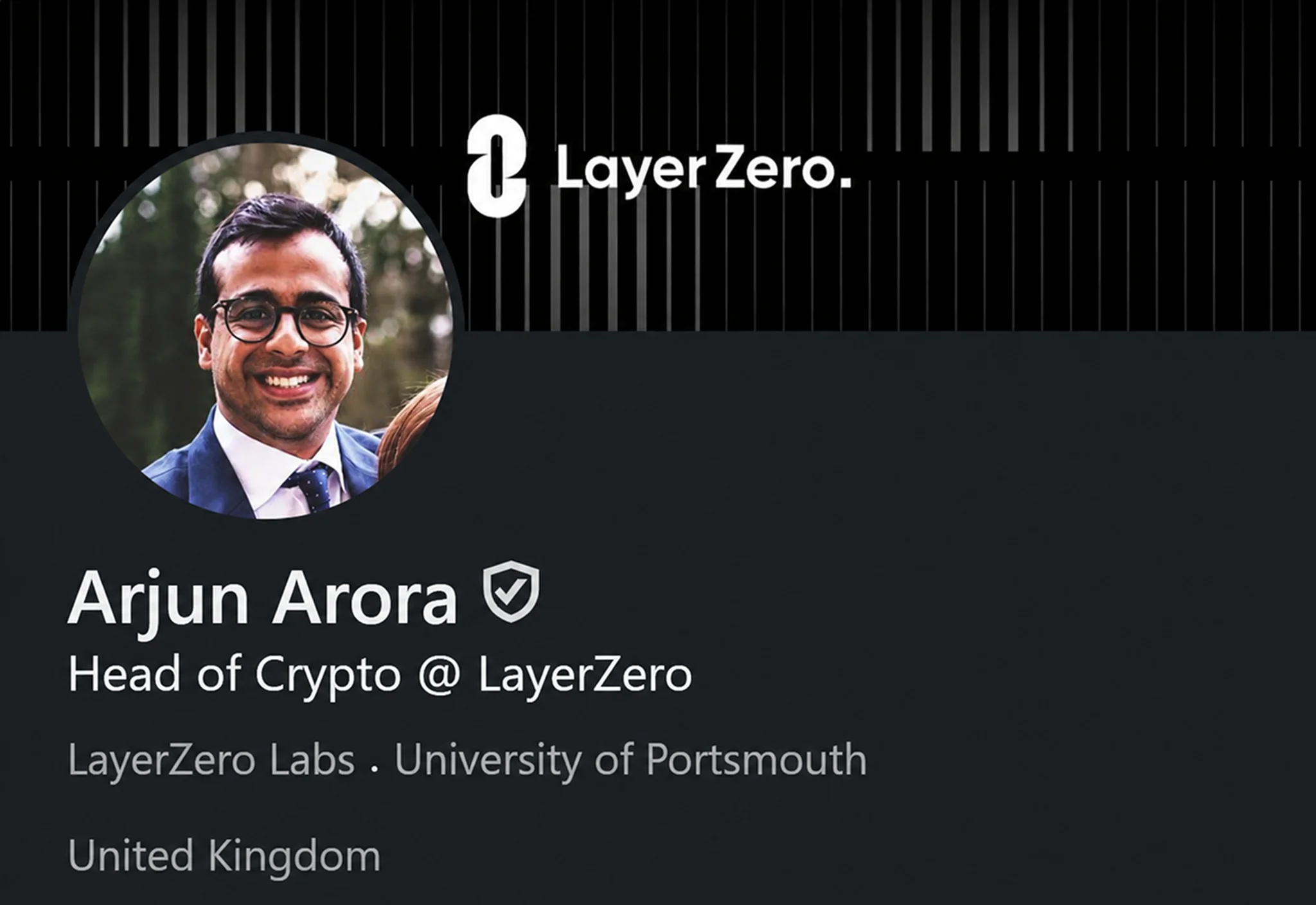 Verified crypto professional testimonial card featuring Arjun Arora from LayerZero