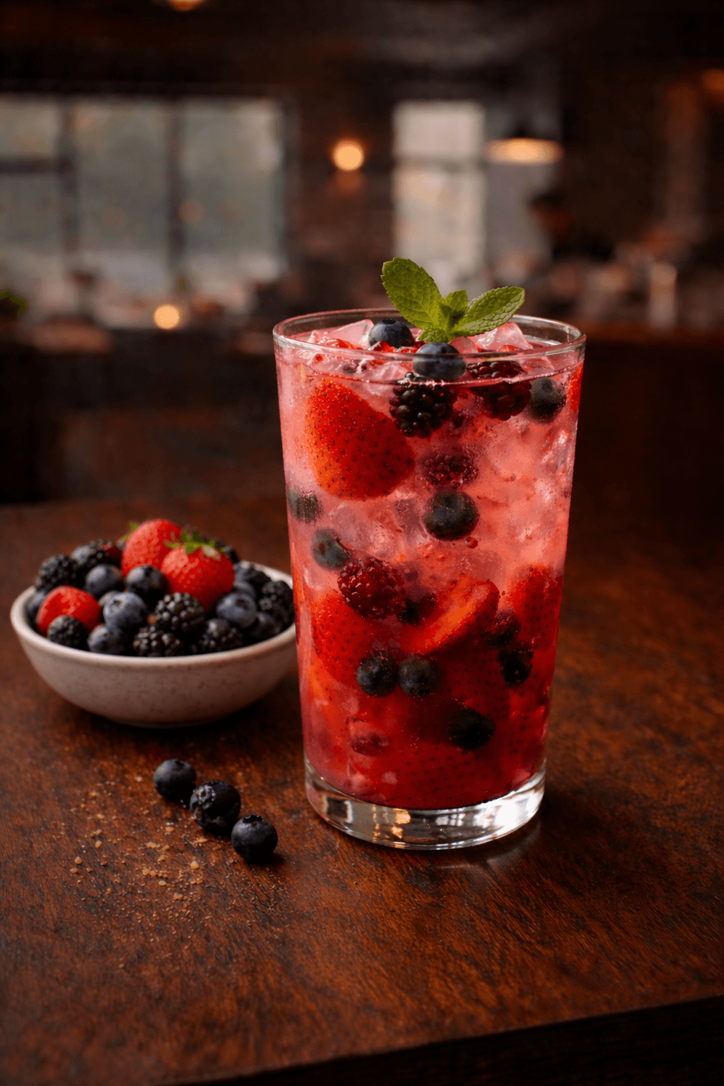 Glass of mixed berry drink filled with ice and fresh berries, garnished with mint, placed on a wooden café table.