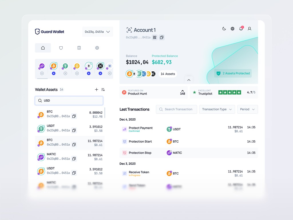 Guard Wallet dashboard interface displaying account balance, asset protection, and transaction history with sleek modern UI