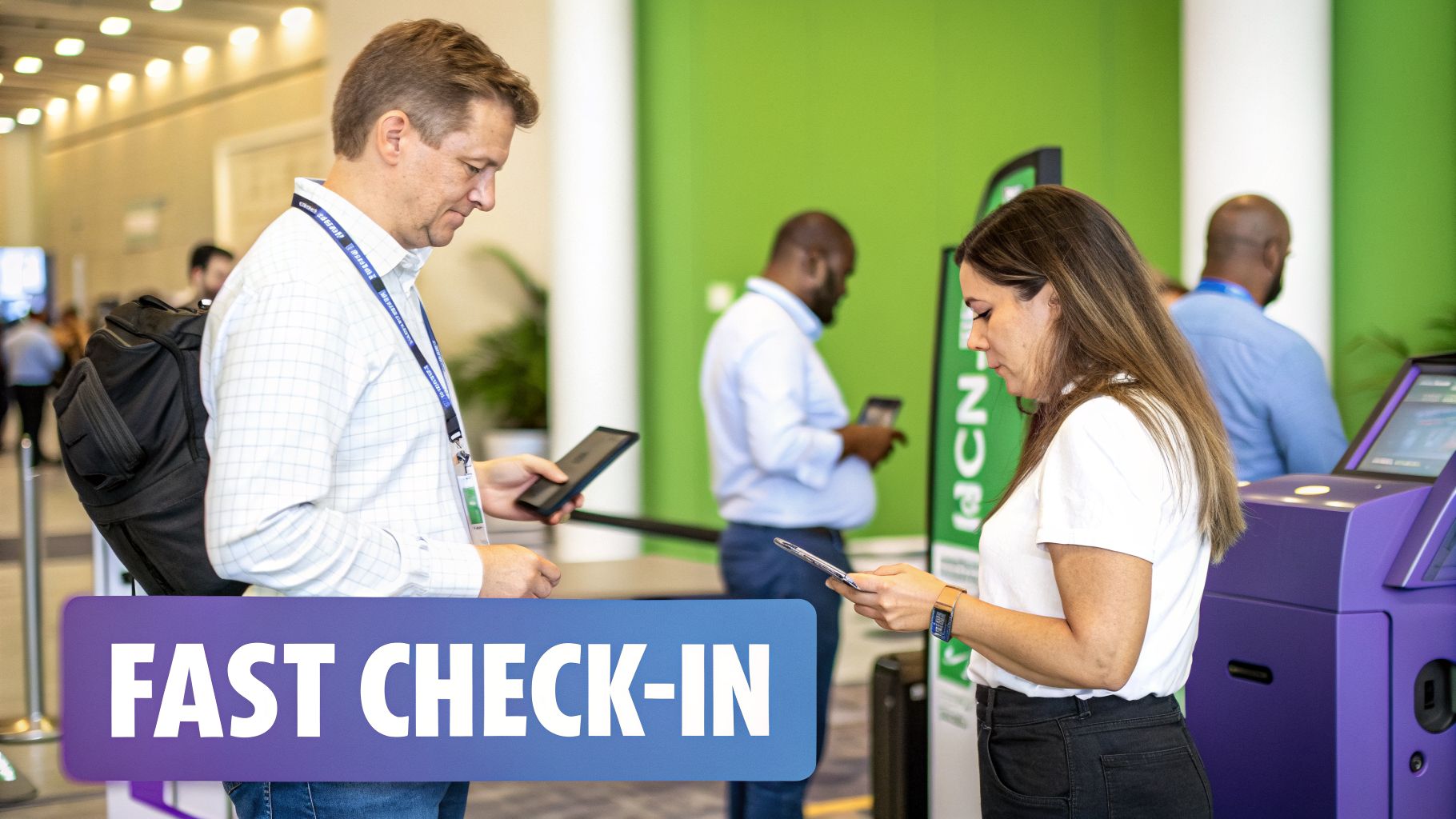 Attendees use mobile devices for fast check-in at a modern event or conference.