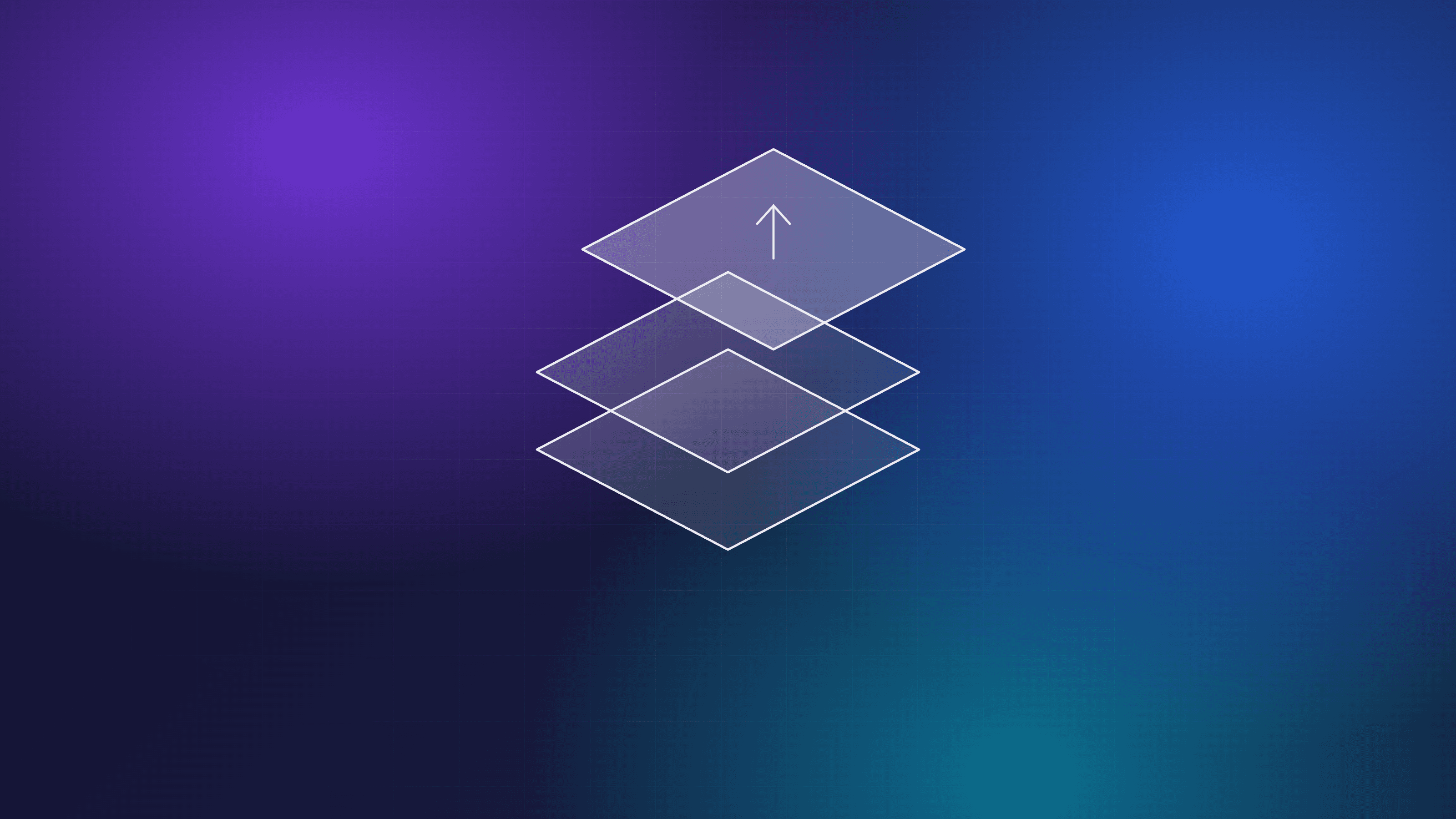 Blauw-paarse gradient met een isometrische stapel lagen waarvan de bovenste omhoog wordt getild, symbool voor een AI-model dat je zelf in handen krijgt