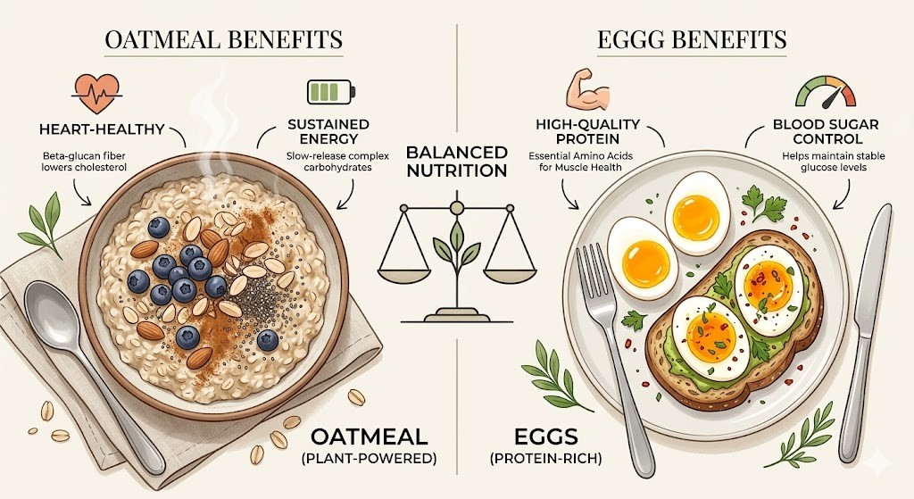 A vertical infographic comparing a bowl of oatmeal and a plate of eggs. Oatmeal is labeled 'Oatmeal (Plant-Powered)' and includes a steaming bowl, blueberries, nuts, a heart icon for 'Heart-Healthy' (beta-glucan fiber), and a battery for 'Sustained Energy'. Eggs are labeled 'Eggs (Protein-Rich)' with soft-boiled and fried eggs on toast, avocado, a flexing arm for 'High-Quality Protein' (essential amino acids), and a blood sugar curve. A centered balanced scale represents 'Balanced Nutrition'. White background.