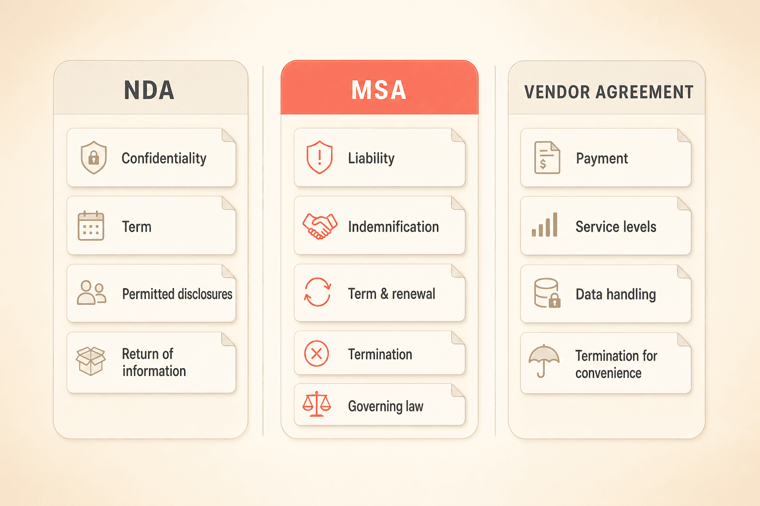 Clause library organized by contract type with NDA, MSA, and vendor agreement columns listing their standard clauses