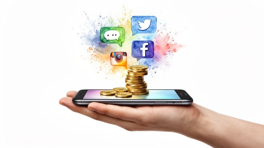 A hand holding a smartphone, with social media icons and gold coins emerging from it, against a colorful splash.