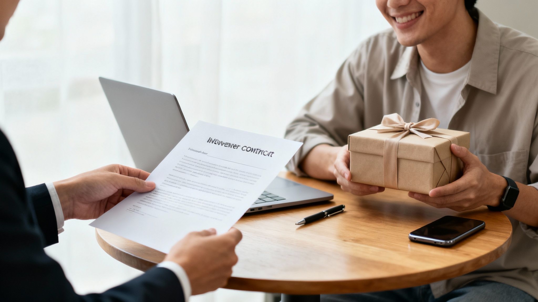 A person signing a contract for influencers on a clipboard.