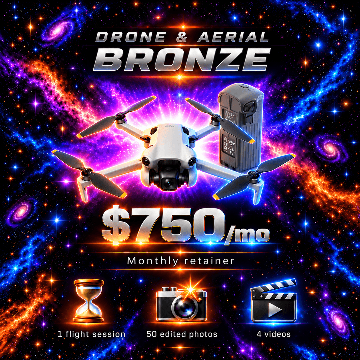 Bronze Drone & Aerial pricing artwork; illustrated equipment imagery.
