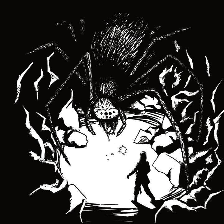 Digital ink drawing of the confrontation between a monstrous spider and a man in a dark cave illuminated by a floating sphere.