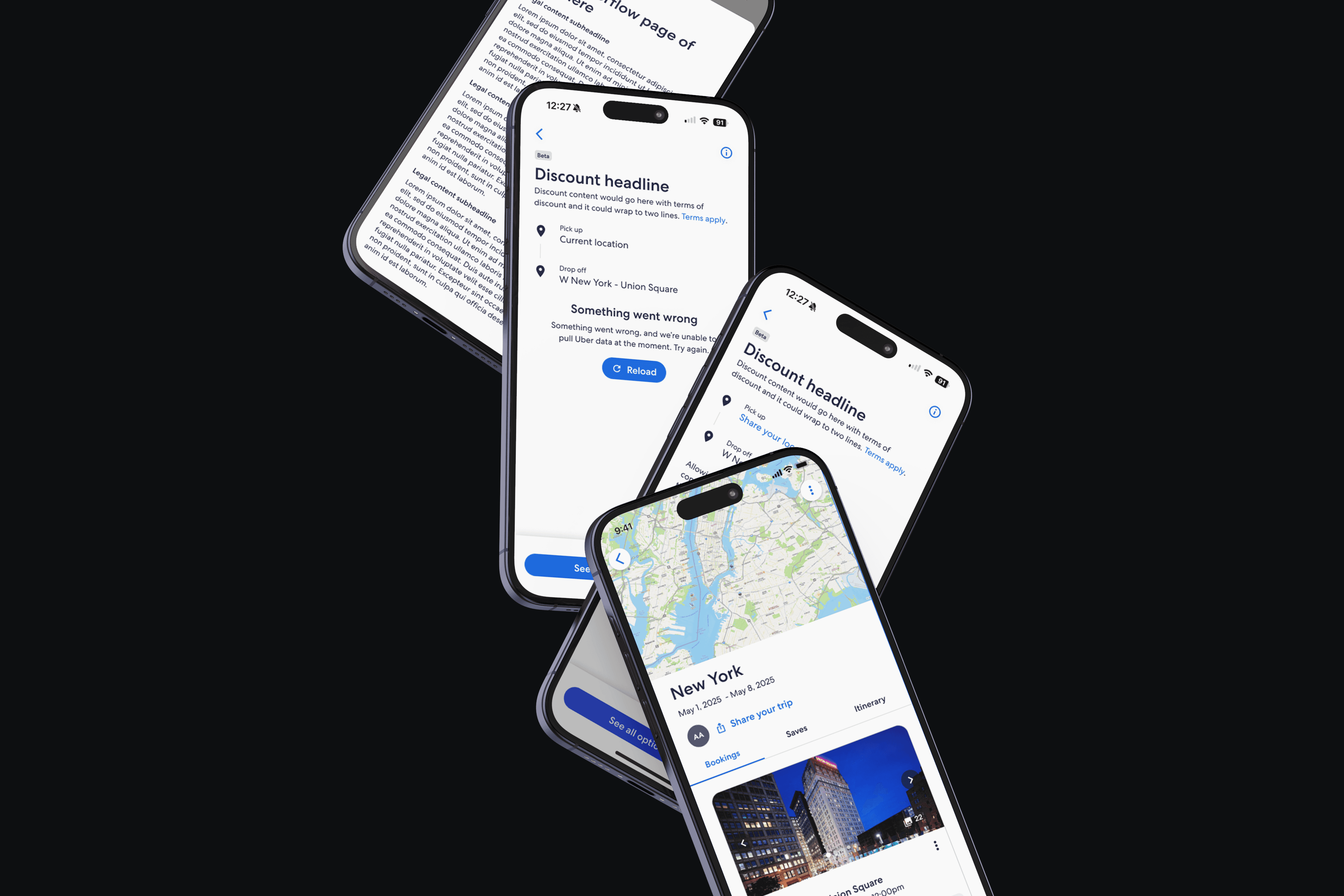 Three overlapping iPhone mockups displaying the Expedia-Uber integration flow: screens show discount headline with pickup and drop-off locations, an error state reading 'Something went wrong,' and a map view of New York with booking details"