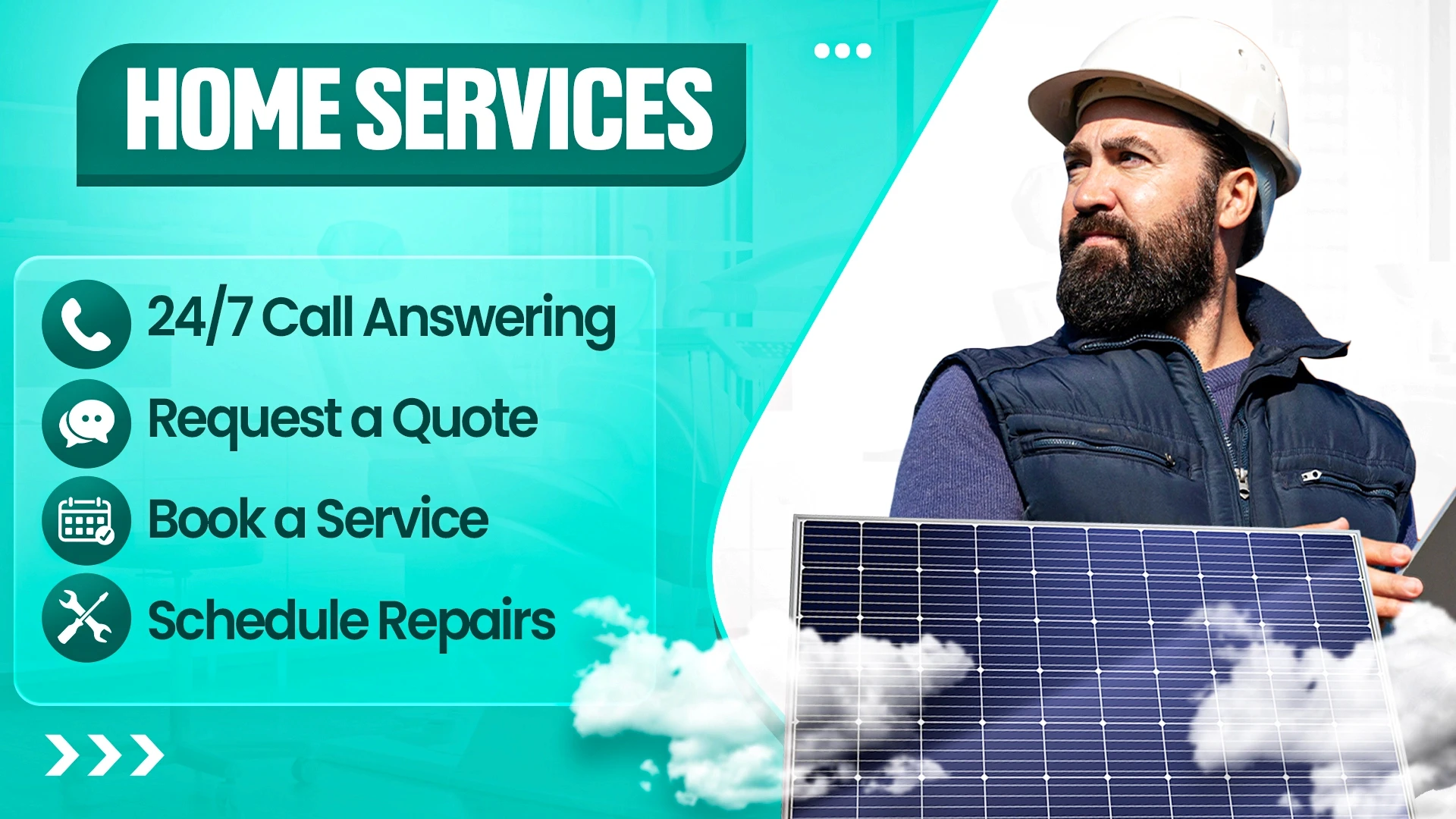 Home services banner featuring a contractor holding a solar panel, highlighting 24/7 call answering, request a quote, book a service, and schedule repairs.