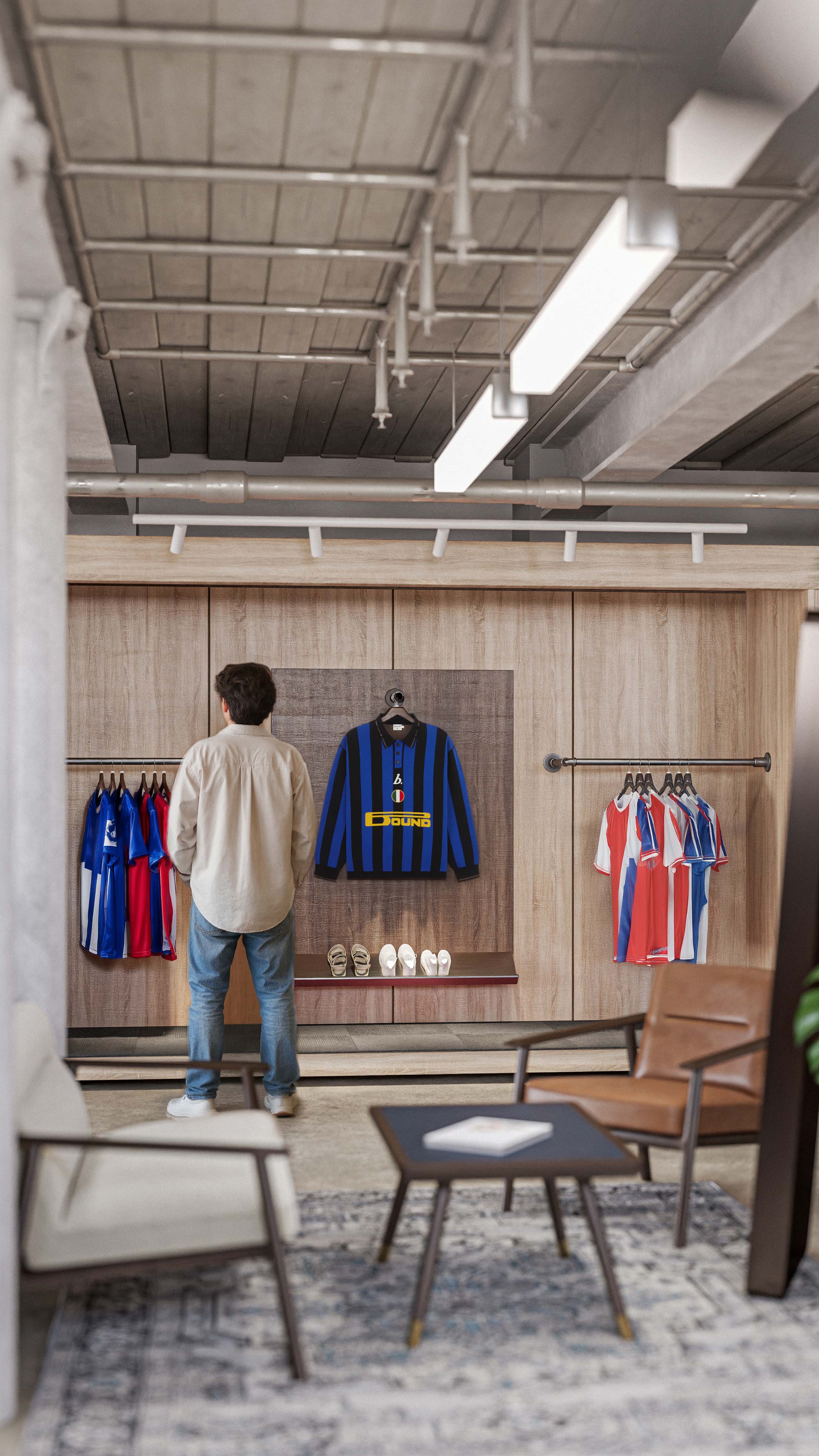 Photorealistic CGI retail interior visualisation by James Lyons of PixelSpaces for Bound Manchester, featuring premium fashion merchandising displays, bespoke timber retail joinery, branded apparel presentation and contemporary store design within the Northern Quarter retail space