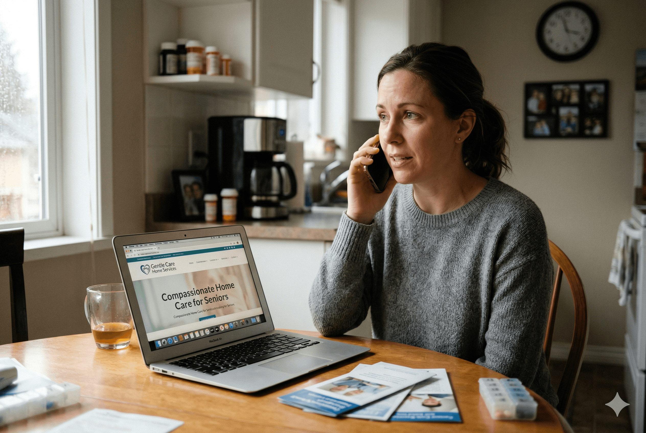 An adult daughter at a kitchen table, laptop open to a home care website, worried but hopeful as she talks on the phone with a compassionate home care agency owner, soft natural light, subtle medical and home items in the background. Shot on Fujifilm X-T4, aspect ratio 3:2 