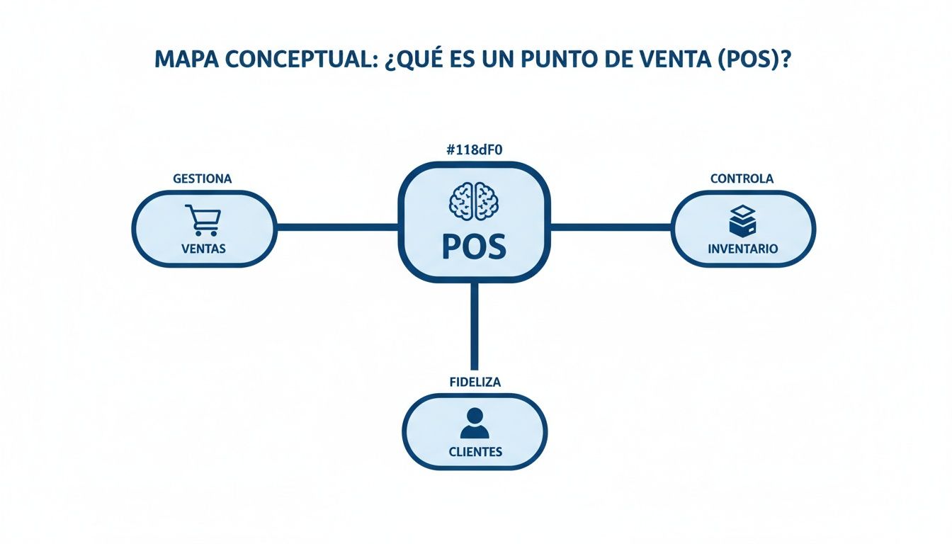 Mapa conceptual que explica qué es un Punto de Venta (POS) y sus funciones: gestiona ventas, controla inventario y fideliza clientes.