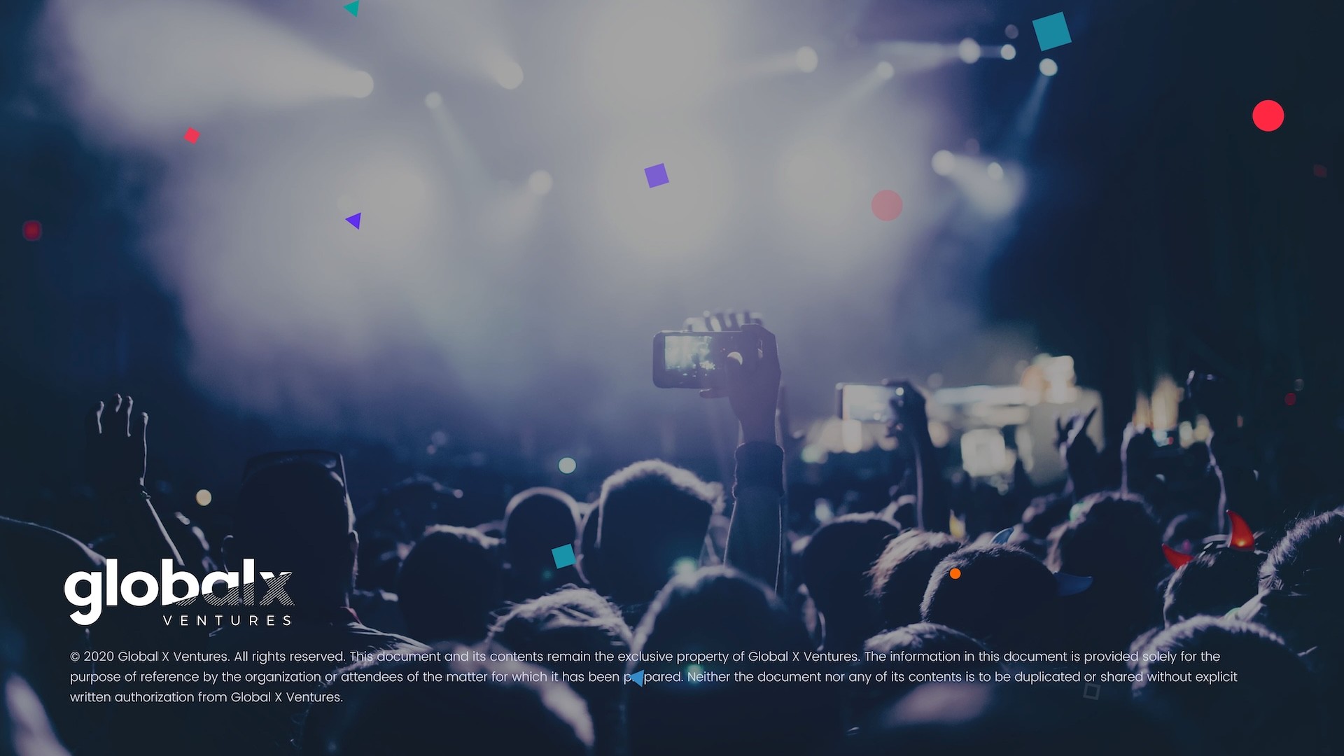 Closing slide for Global X Ventures pitch deck, reinforcing brand positioning within e-sports, live events, and immersive media investment opportunities.