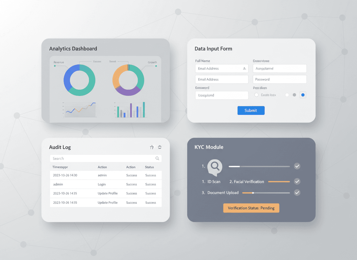 “Grid of FinTech UI components including charts, KYC modules, audit logs, and transaction forms.”