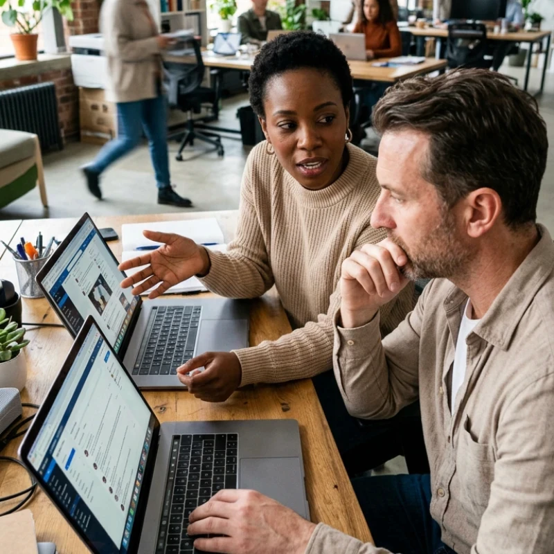 Équipe de managers et collaborateurs en agence à Paris, échangeant autour d'un plan d'action structuré et de documents de synthèse dans un espace de travail collaboratif, illustrant notre expertise en Stratégie de comm 360° pour garantir une vision intégrée de la communication.