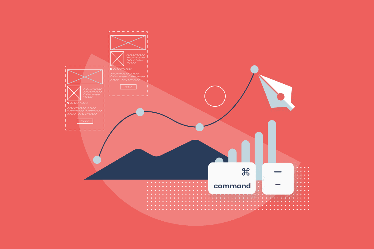 An illustration of progression using a line graph, with a pen tool replicating this path. To the left are hand-drawn wireframe sketches, and to the right are two keyboard buttons, which are 'command' and 'minus (-)'. 