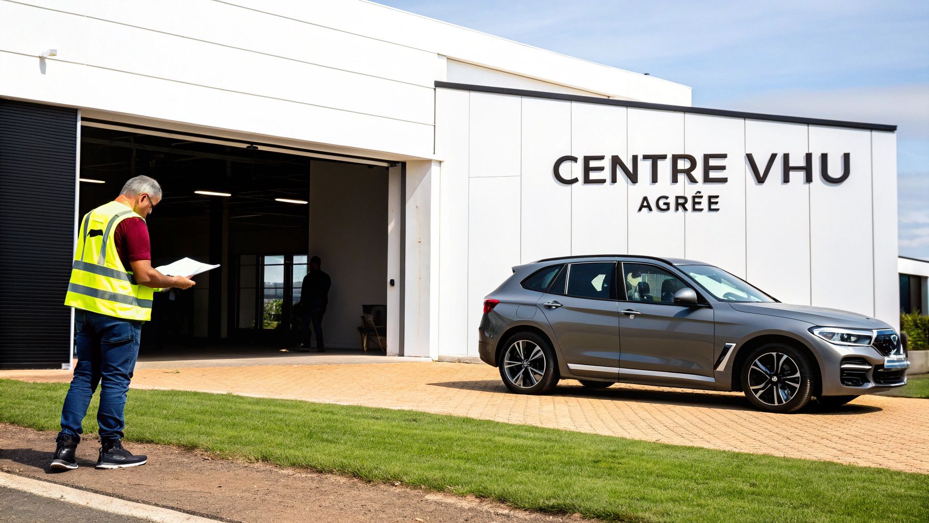 Un homme en gilet de sécurité consulte des documents devant un centre VHU agréé avec une BMW garée.