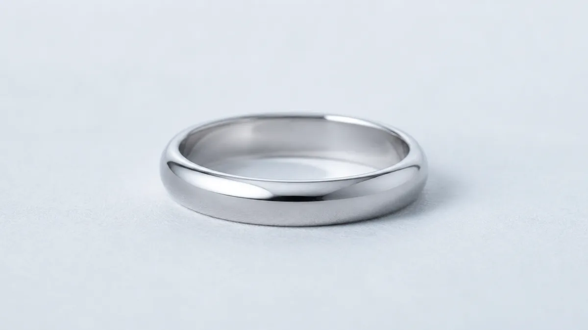 Seamless silver smart tasbih ring on a pale surface with its radio hidden inside the polished band
