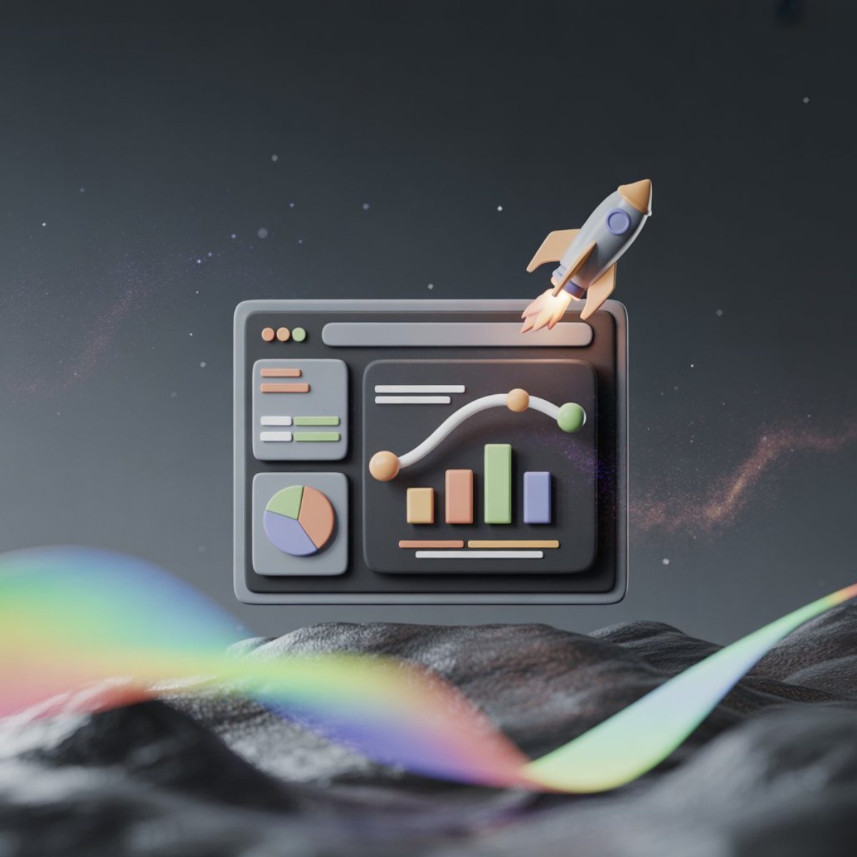 dark space background with a floating dashboard showing graphs, pie chart and statistics