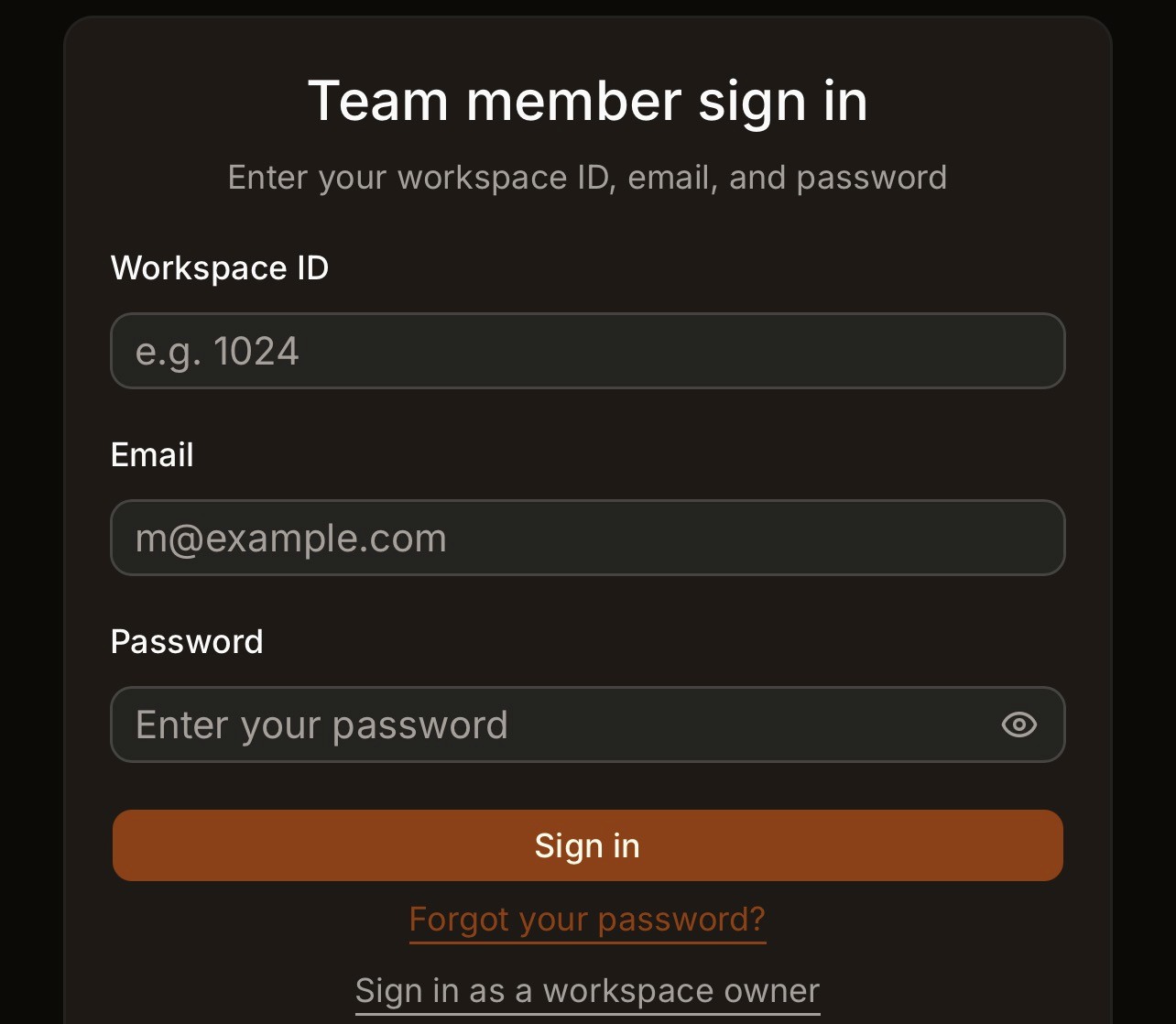 Team member sign in page asking for workspace ID, email, and password