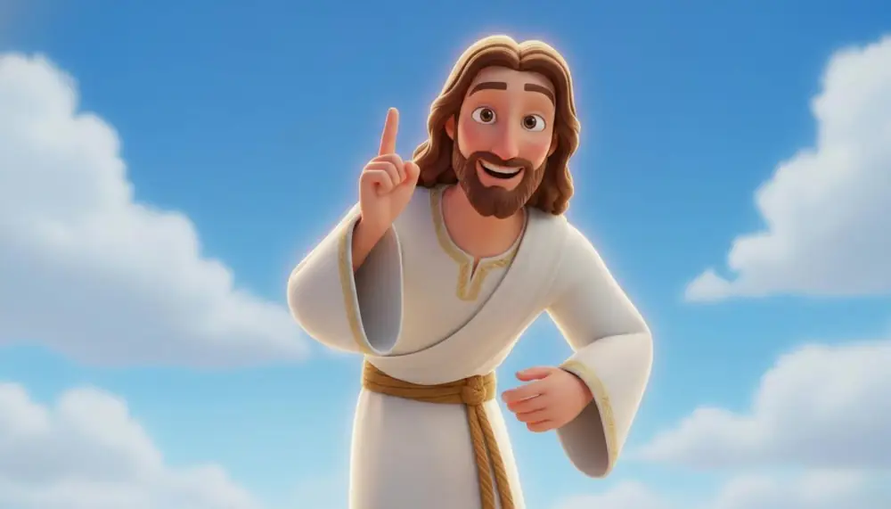 Scene 1: a smiling 3D animated Jesus pointing one finger upward in a meadow