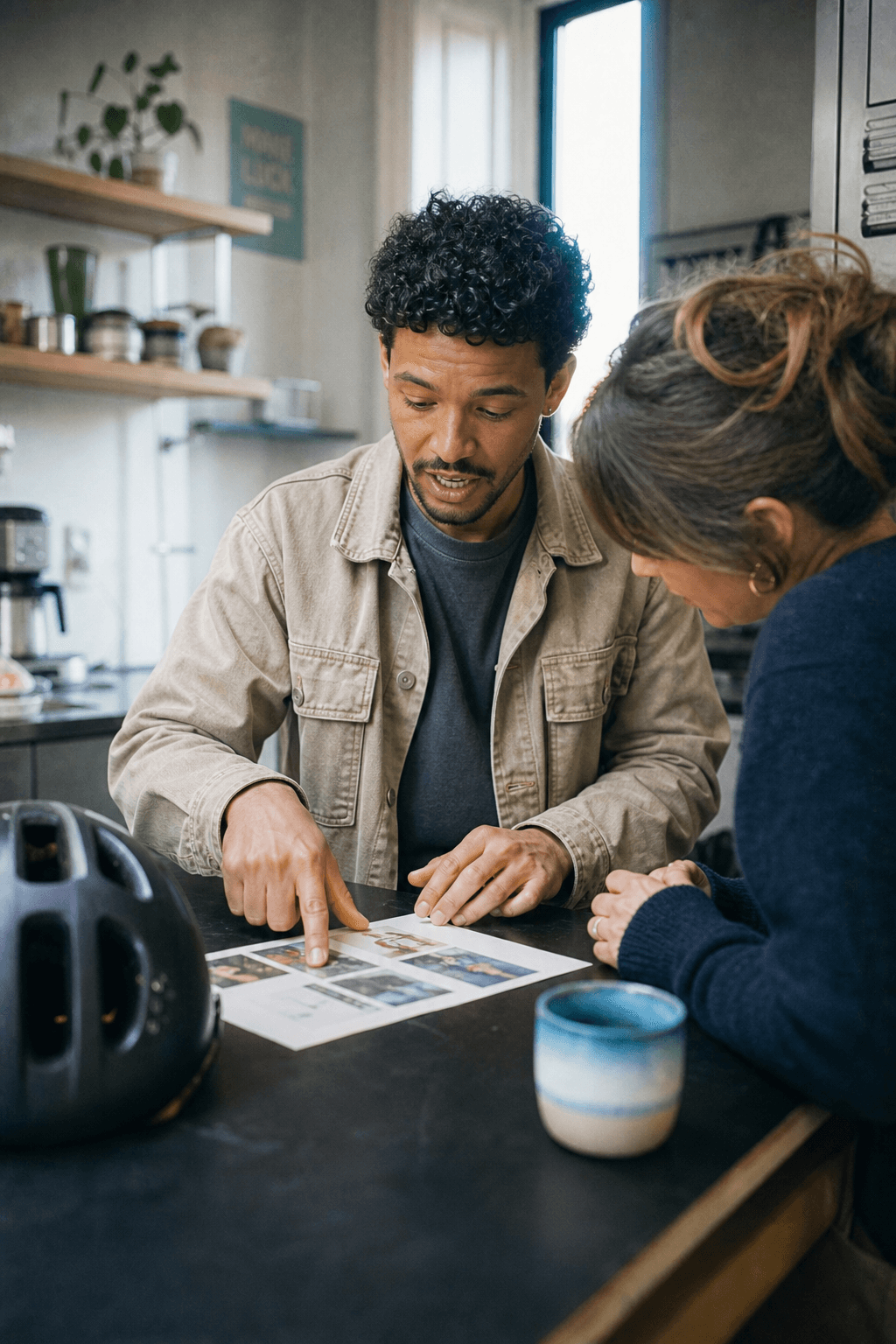 Same man pointing at a printed page with a colleague in a kitchen, bicycle helmet on the counter