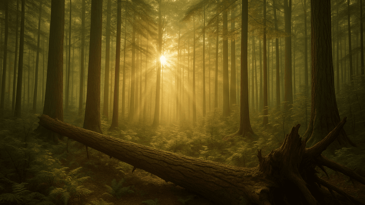 Forêt dense baignée de lumière dorée, avec un grand arbre tombé au premier plan.