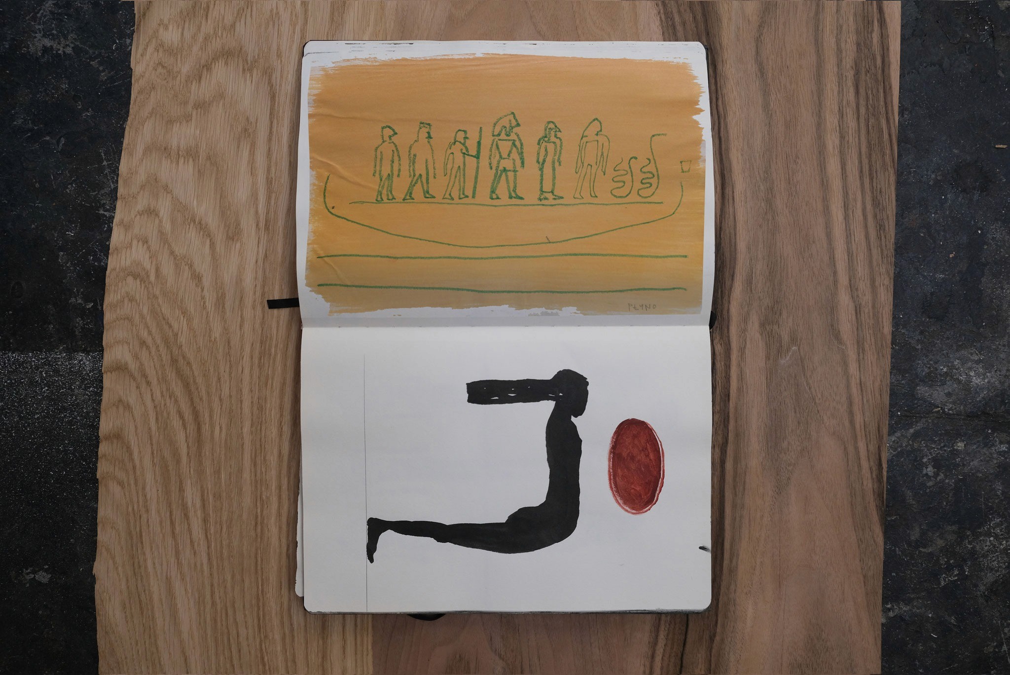 photo of the drawing notes and two pictures: one is the people in yellow background, and secon is women and sun
