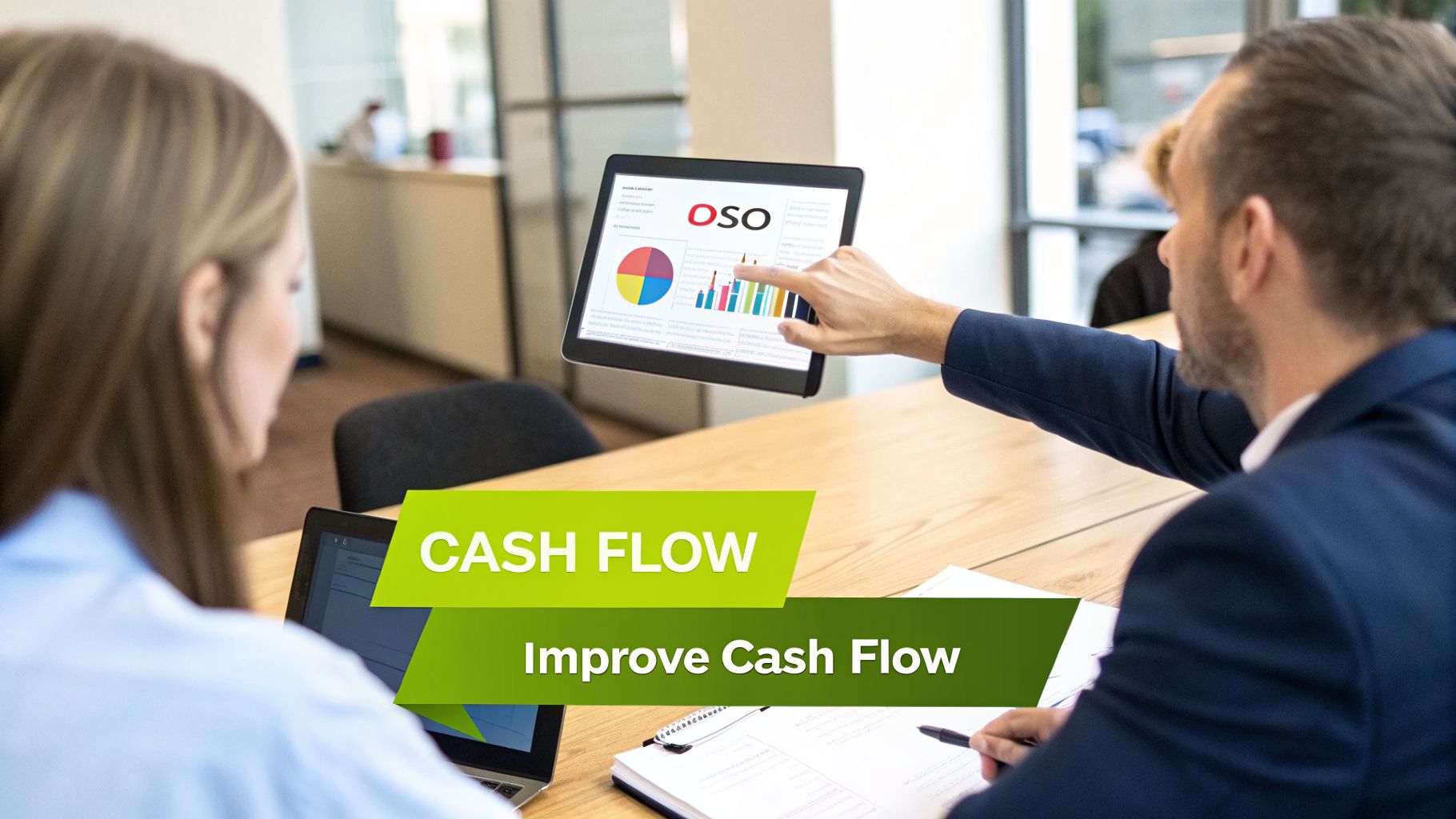 A man points at a tablet showing financial charts and OSO logo to a woman, discussing cash flow.