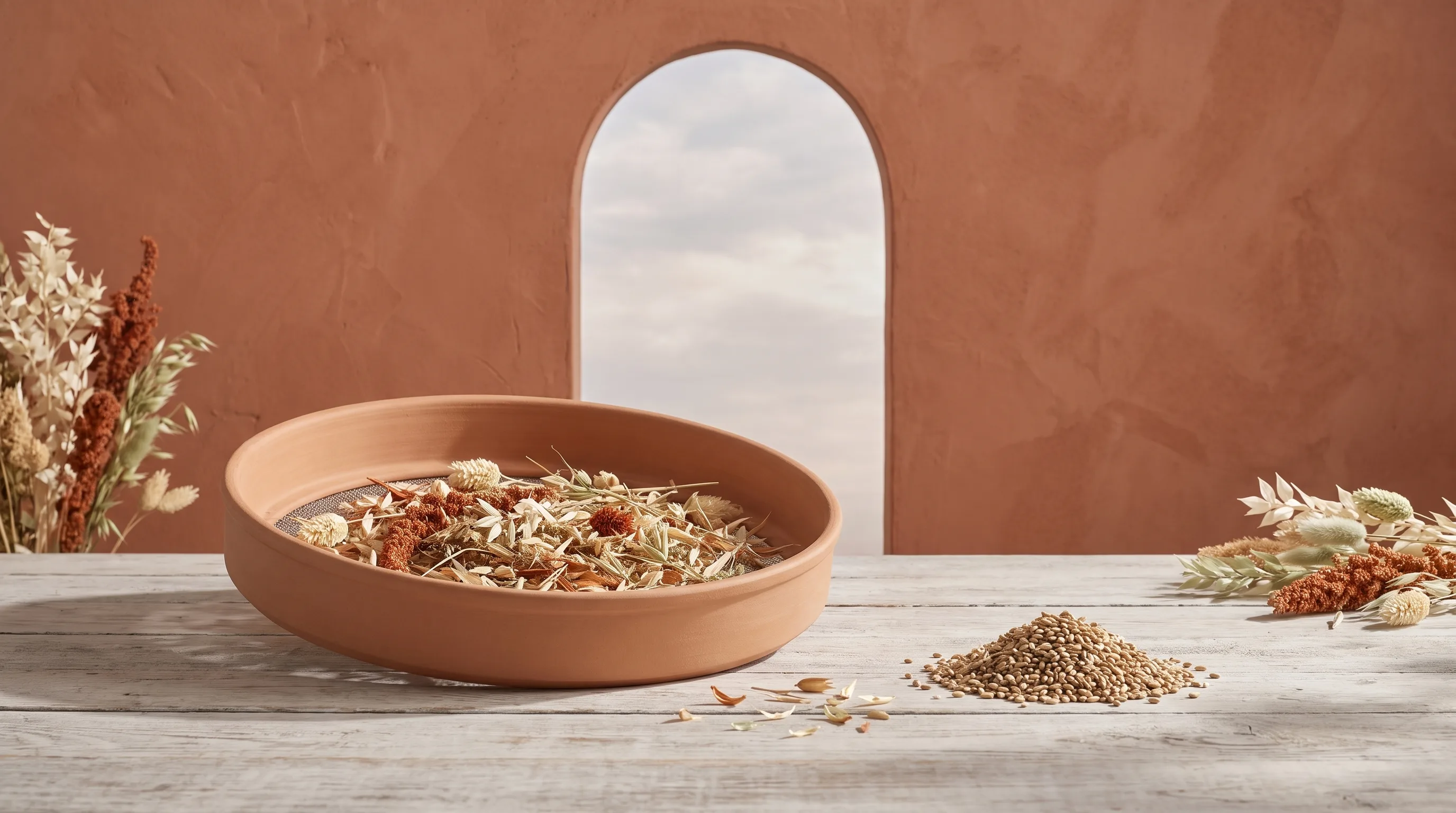 A wide ceramic sieve holding dried seed heads, with a small sorted pile beside it