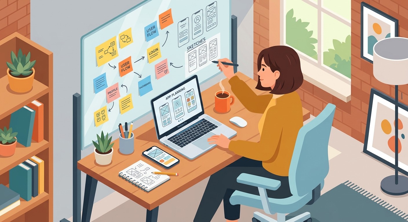 Person at a desk planning a mobile app with sticky notes and wireframes on a laptop