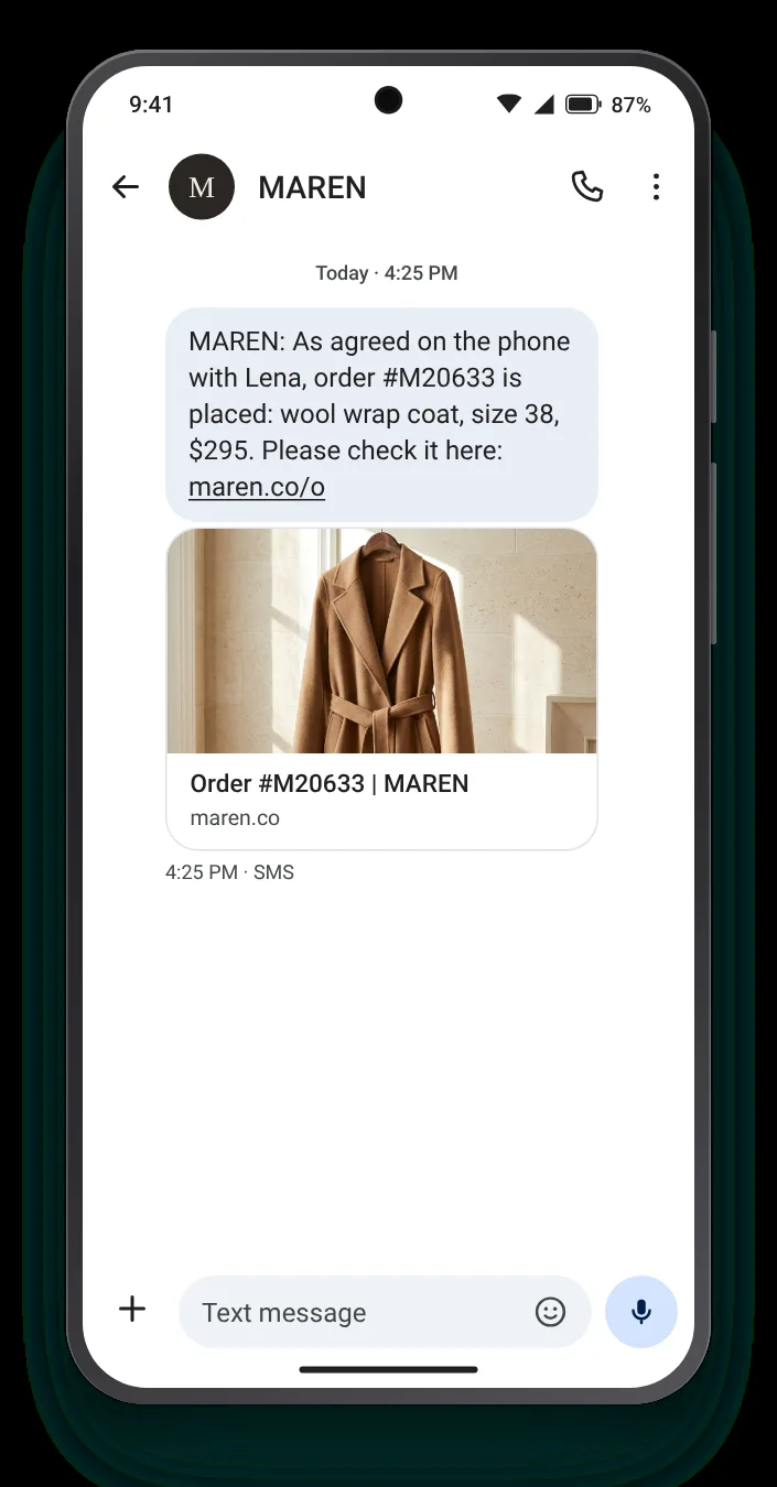 An order taken by a stylist order confirmation text on an Android phone