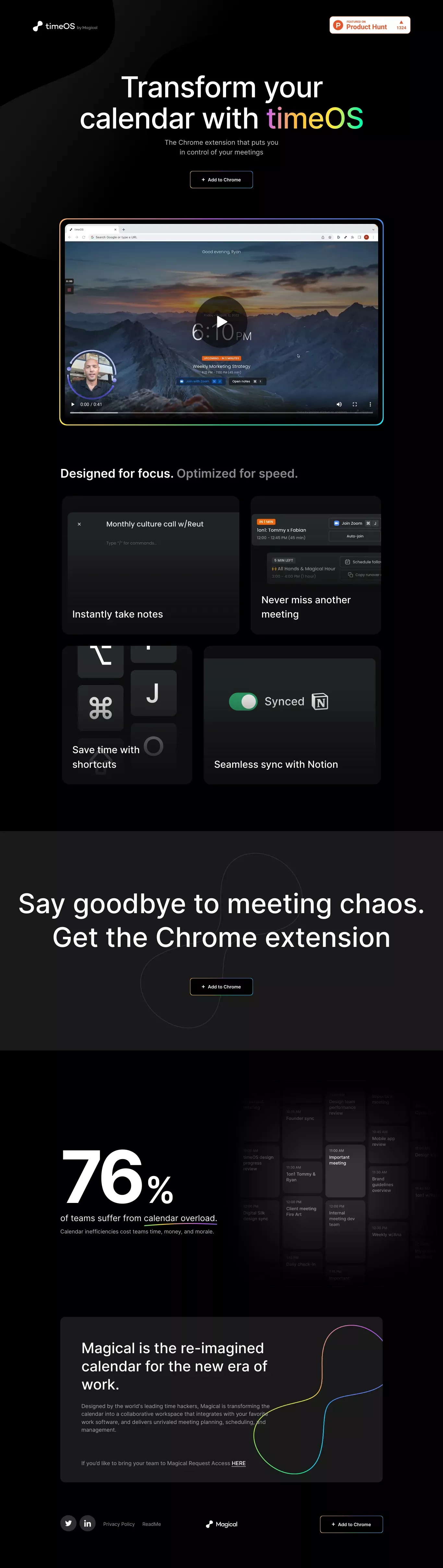 timeOS by Magical landing page screenshot showcasing Tech design