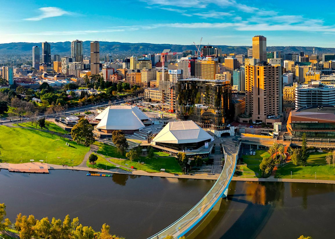 City skyline with river and convention center