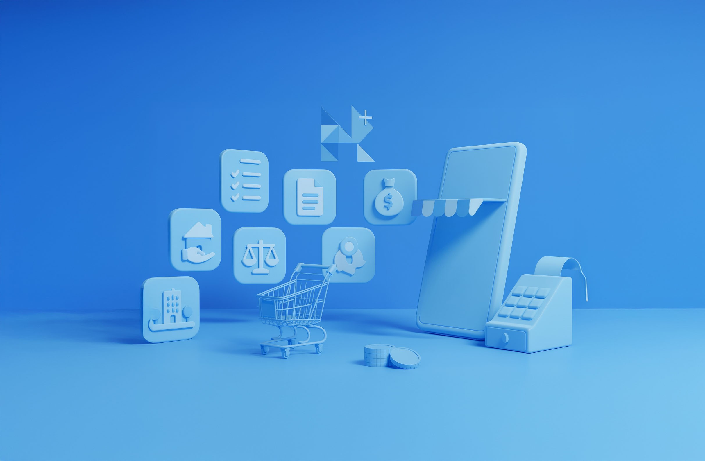 3D blue illustration showing digital icons, a calculator, and a shopping cart, representing transparent and simple pricing.