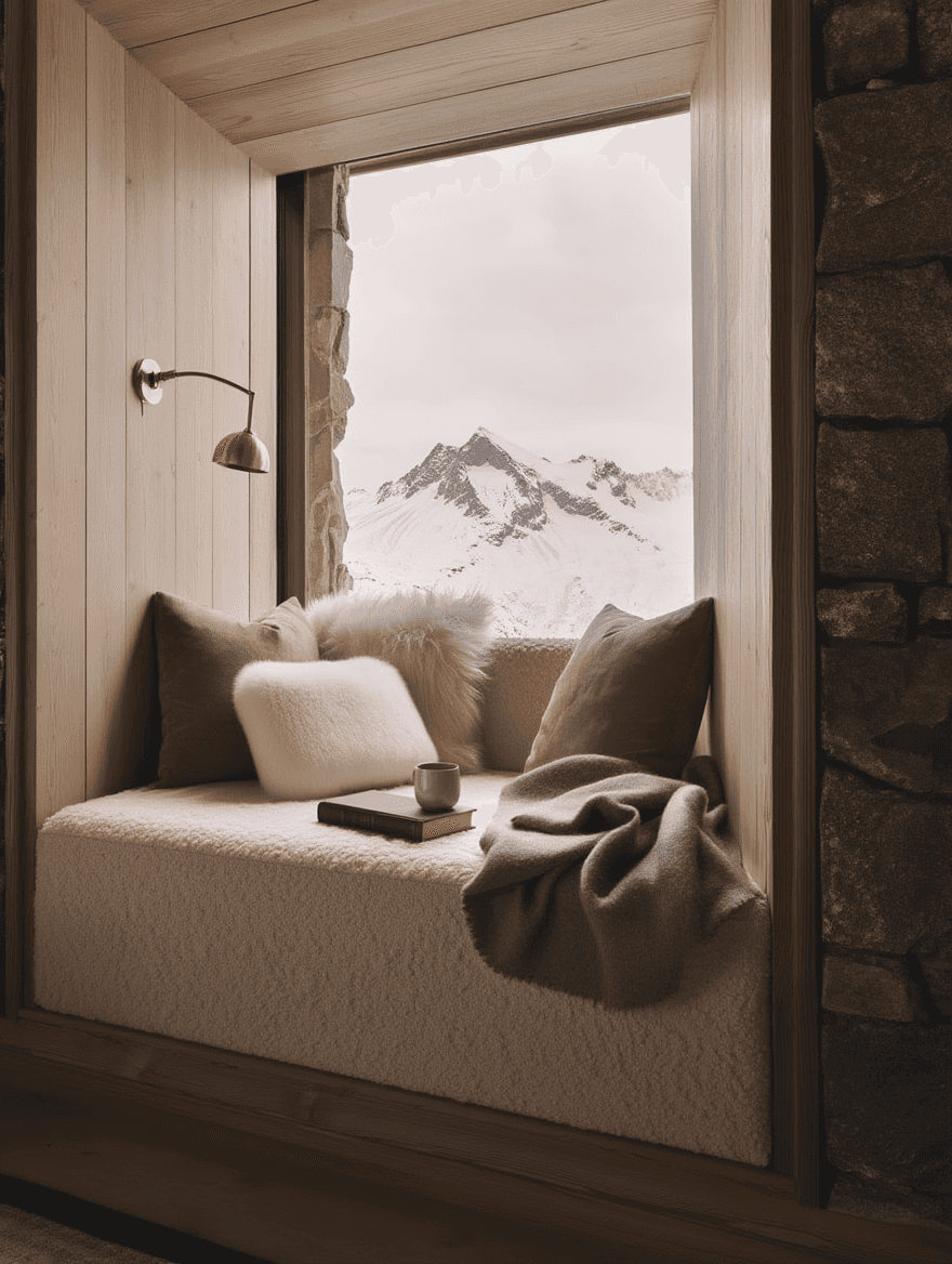 Cushioned window seat overlooking snow-covered mountain peaks