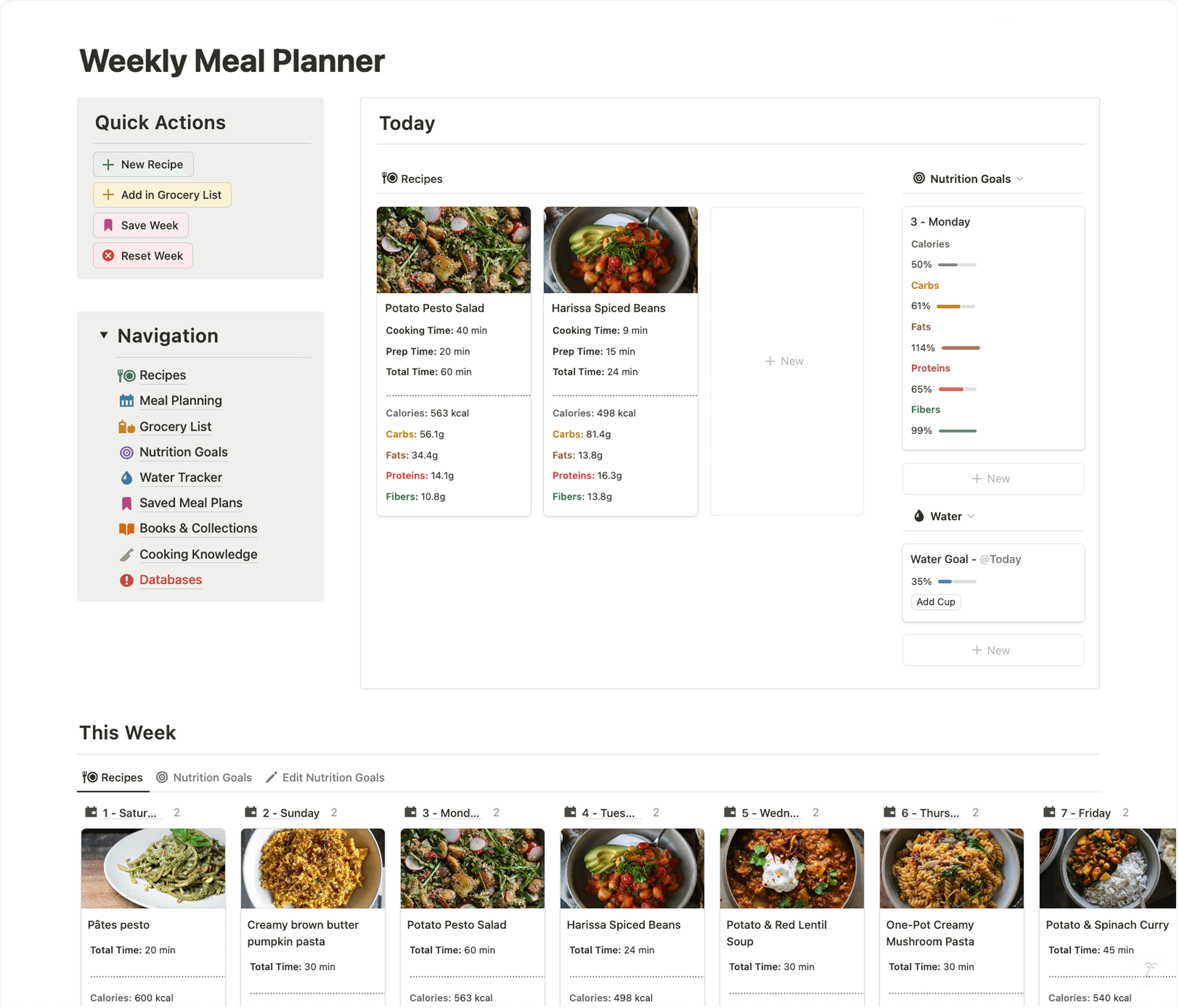 Notion Weekly Meal Planner dashboard showing weekly meal slots, recipe drag‑and‑drop planning, and integrated grocery list generation