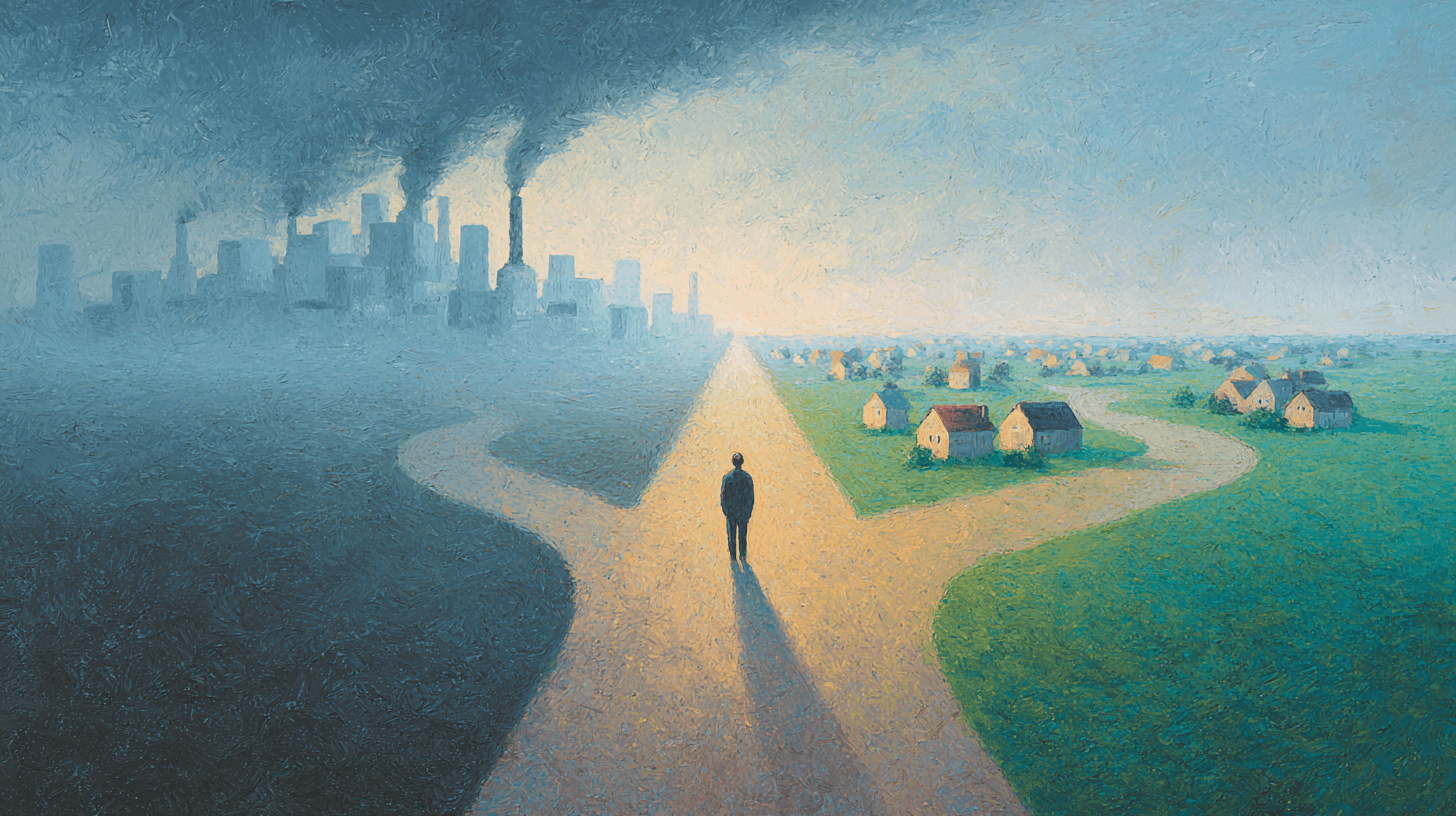 A person standing at a fork in the road: the left path leads into a dark corporate skyline, the path on the right winds toward a bright landscape filled with small homes and workshops. 