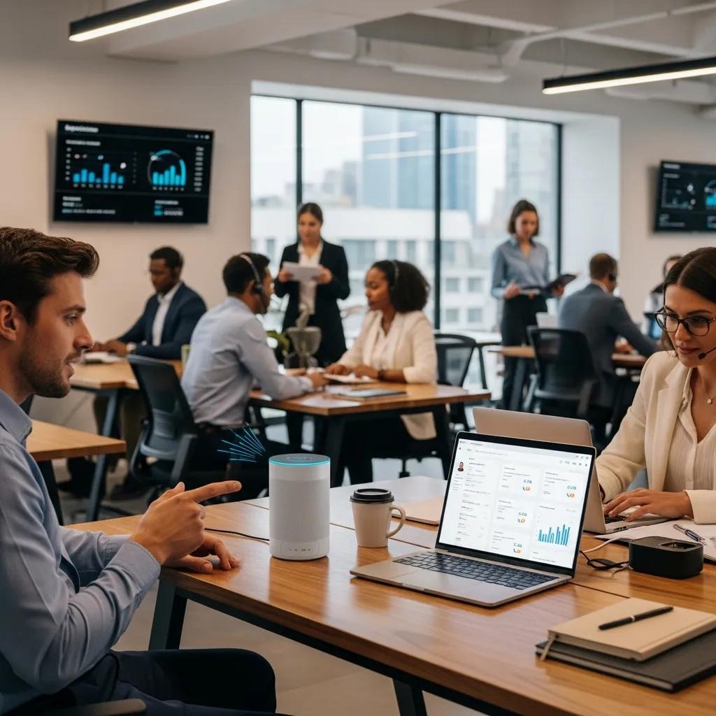 AI voice assistant facilitating sales qualification in a modern office